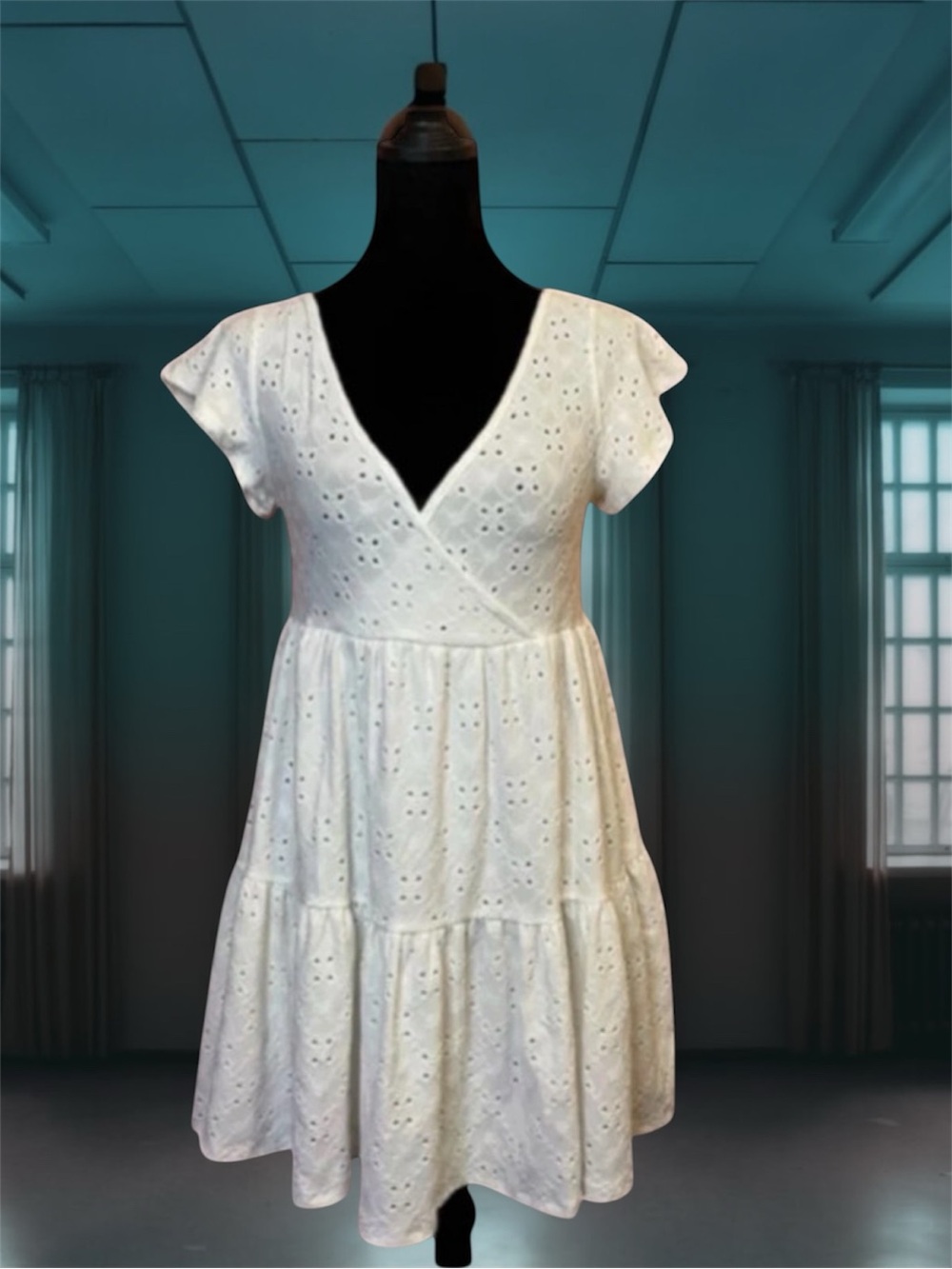 🌙✨ Jessica Simpson White Eyelet V-Neck Tiered Mini Dress